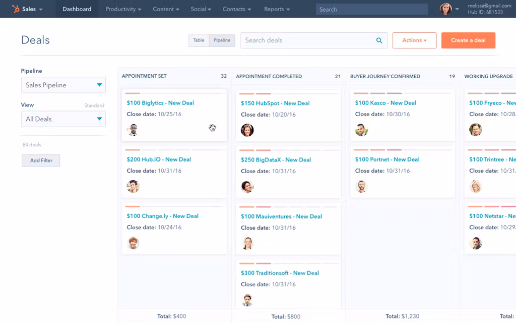 Interface de HubSpot
