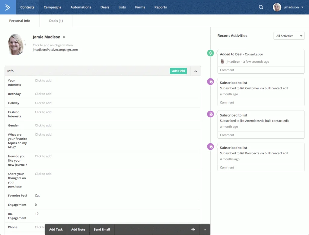 Interface de ActiveCampaign