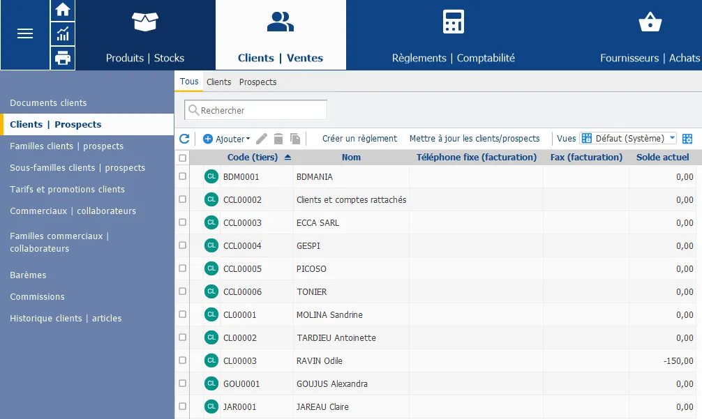 Interface de EBP Gestion Commerciale
