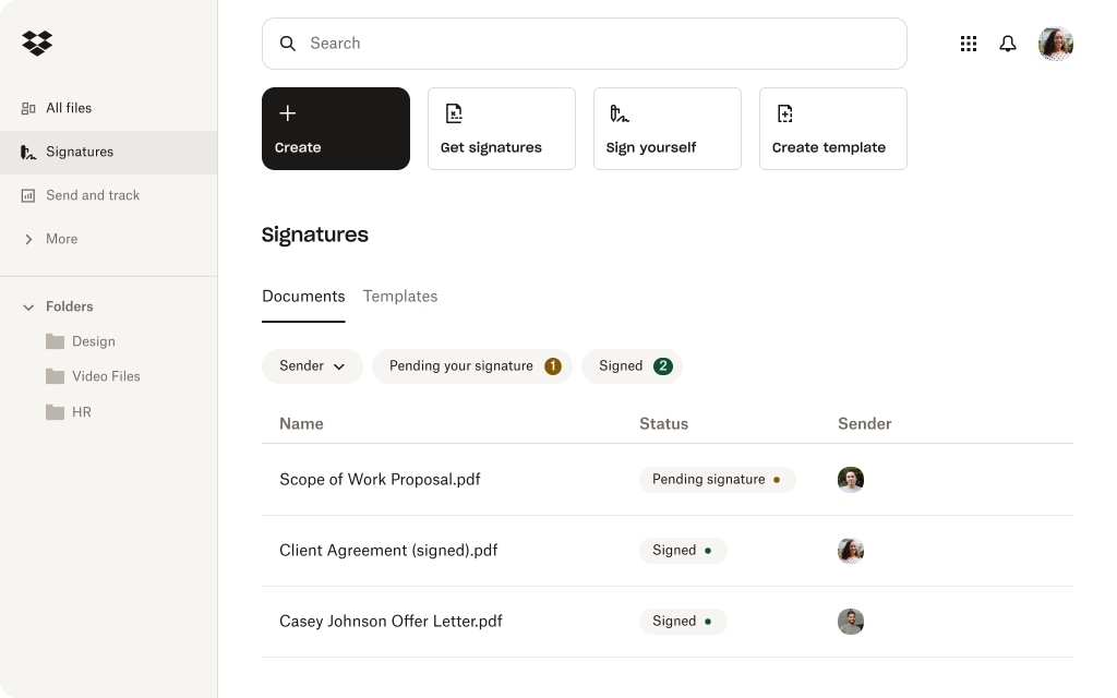 Interface de Dropbox Sign
