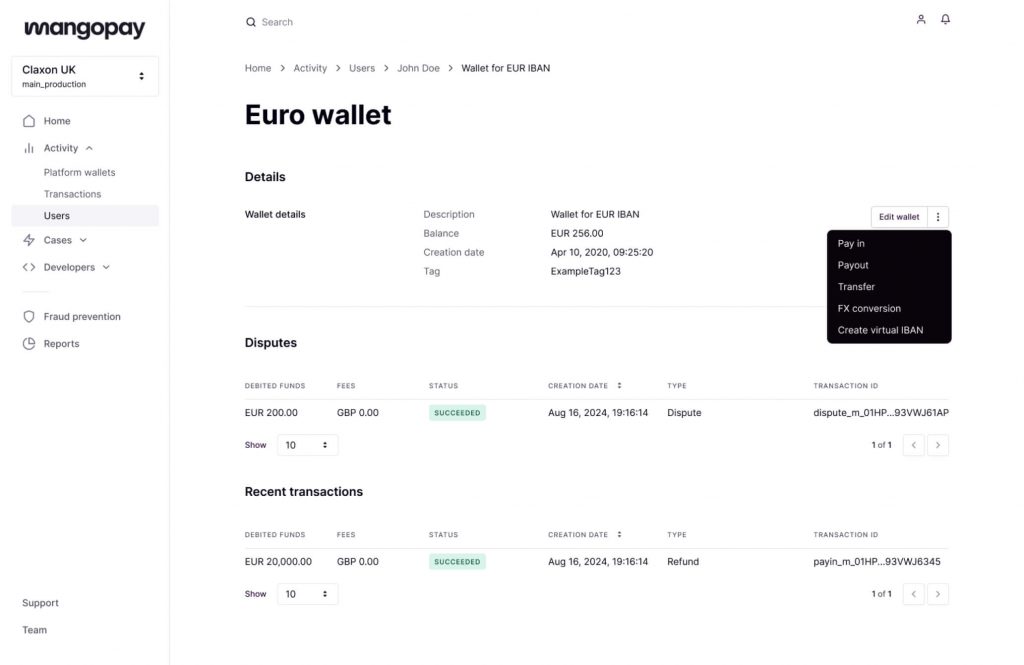 Interface de MangoPay