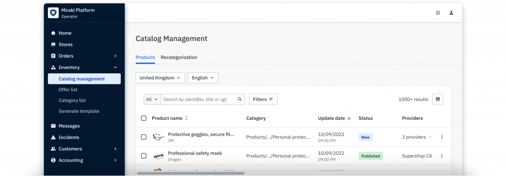 Interface de Mirakl