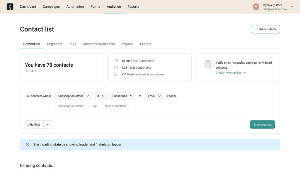 Interface de Omnisend