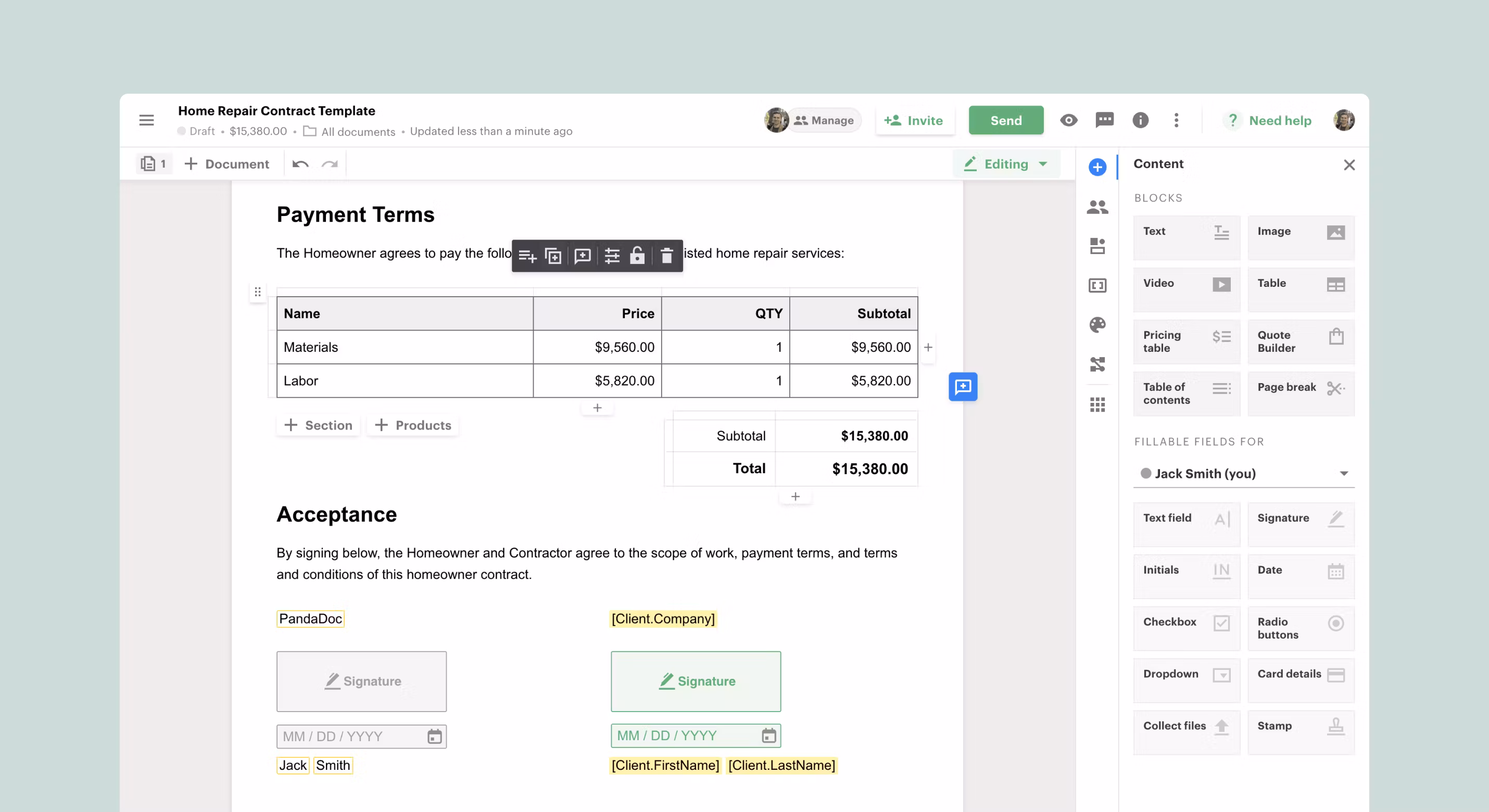 Interface de PandaDoc