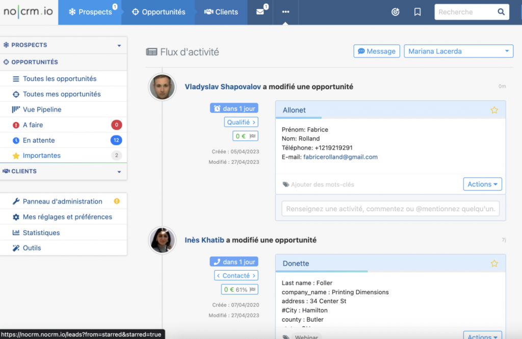 Interface de NO CRM