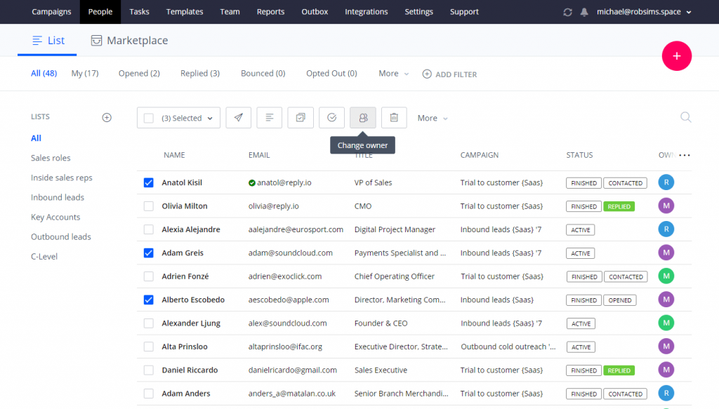 Interface de Reply.io