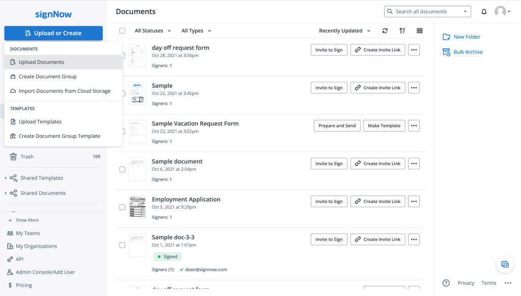 Interface de SignNow