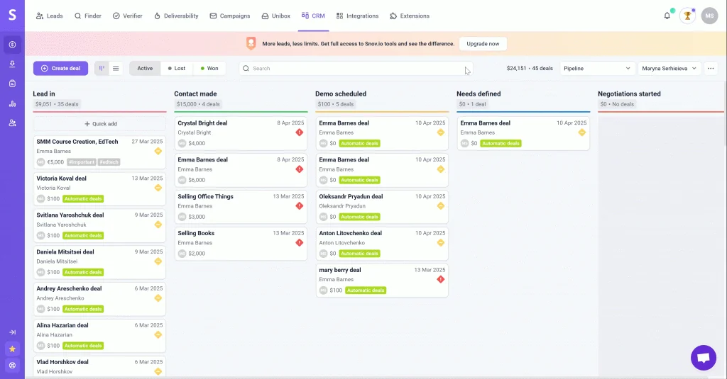 Interface de Snov.io