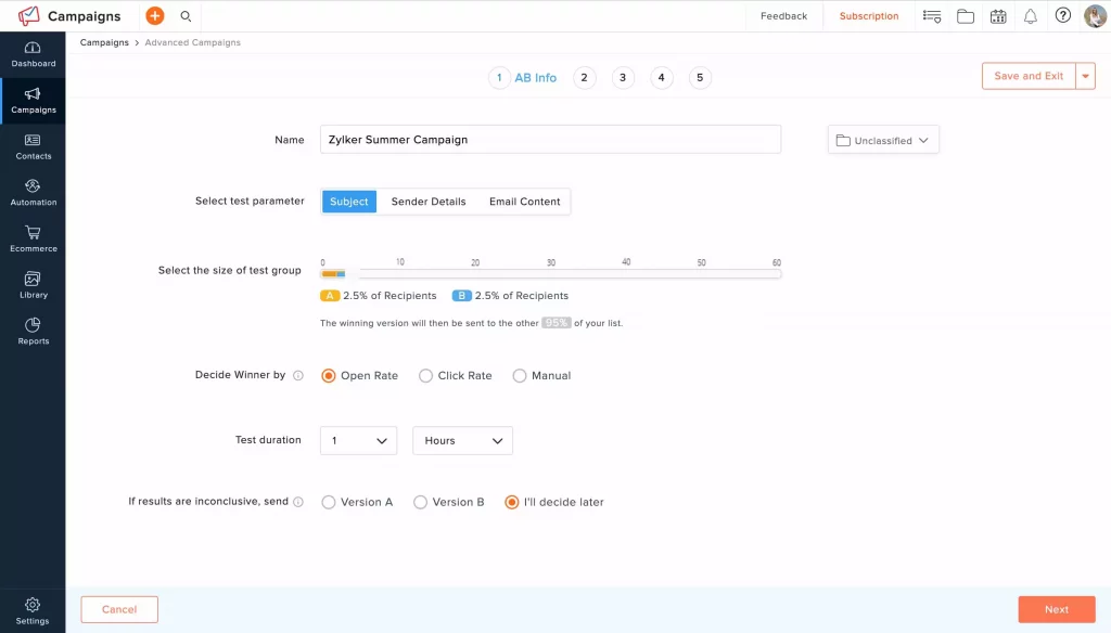 Interface de Zoho Campaigns