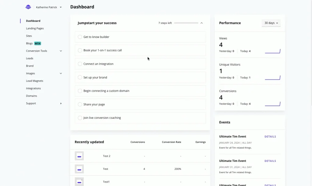 Interface de Leadpages