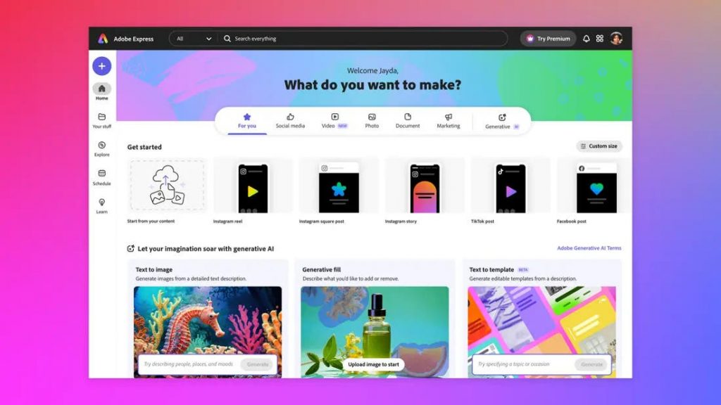 Interface de Adobe Express
