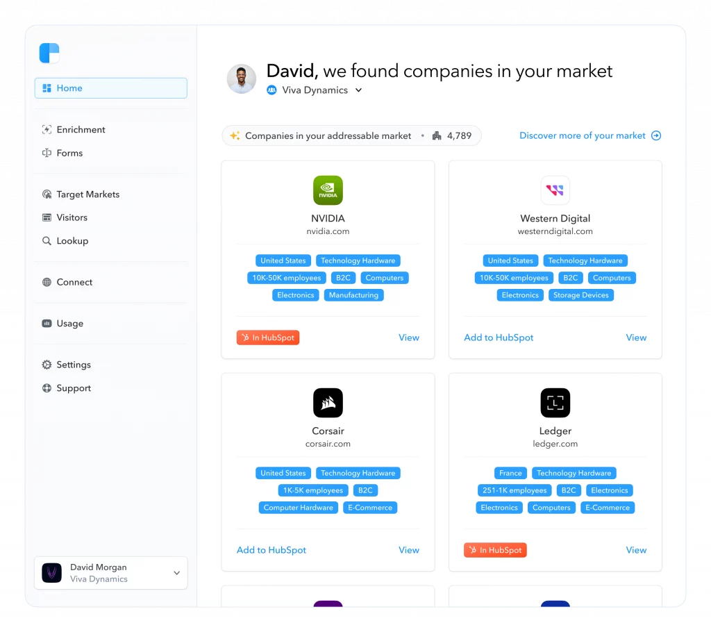 Interface de Clearbit par HubSpot