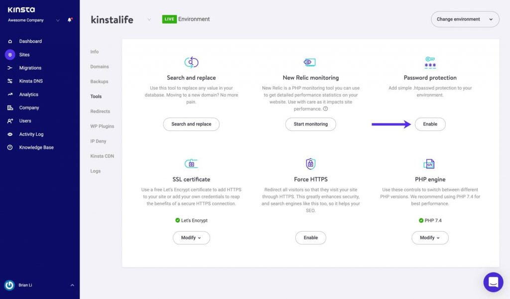 Interface de Kinsta
