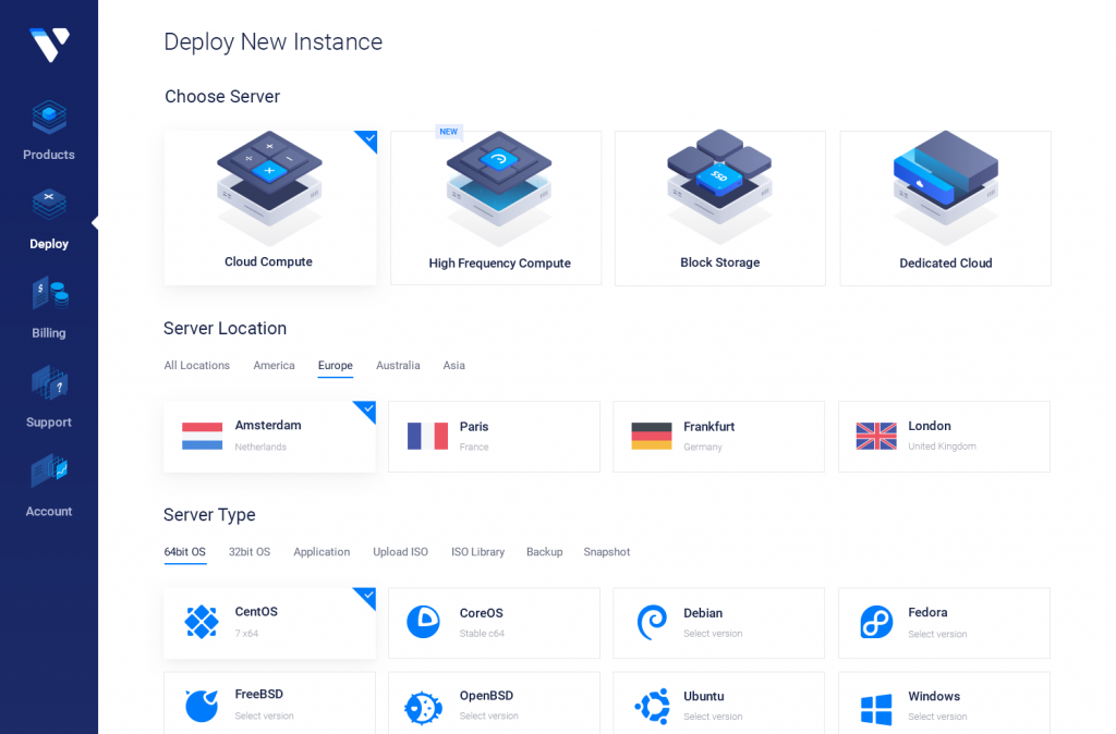 Interface de Vultr