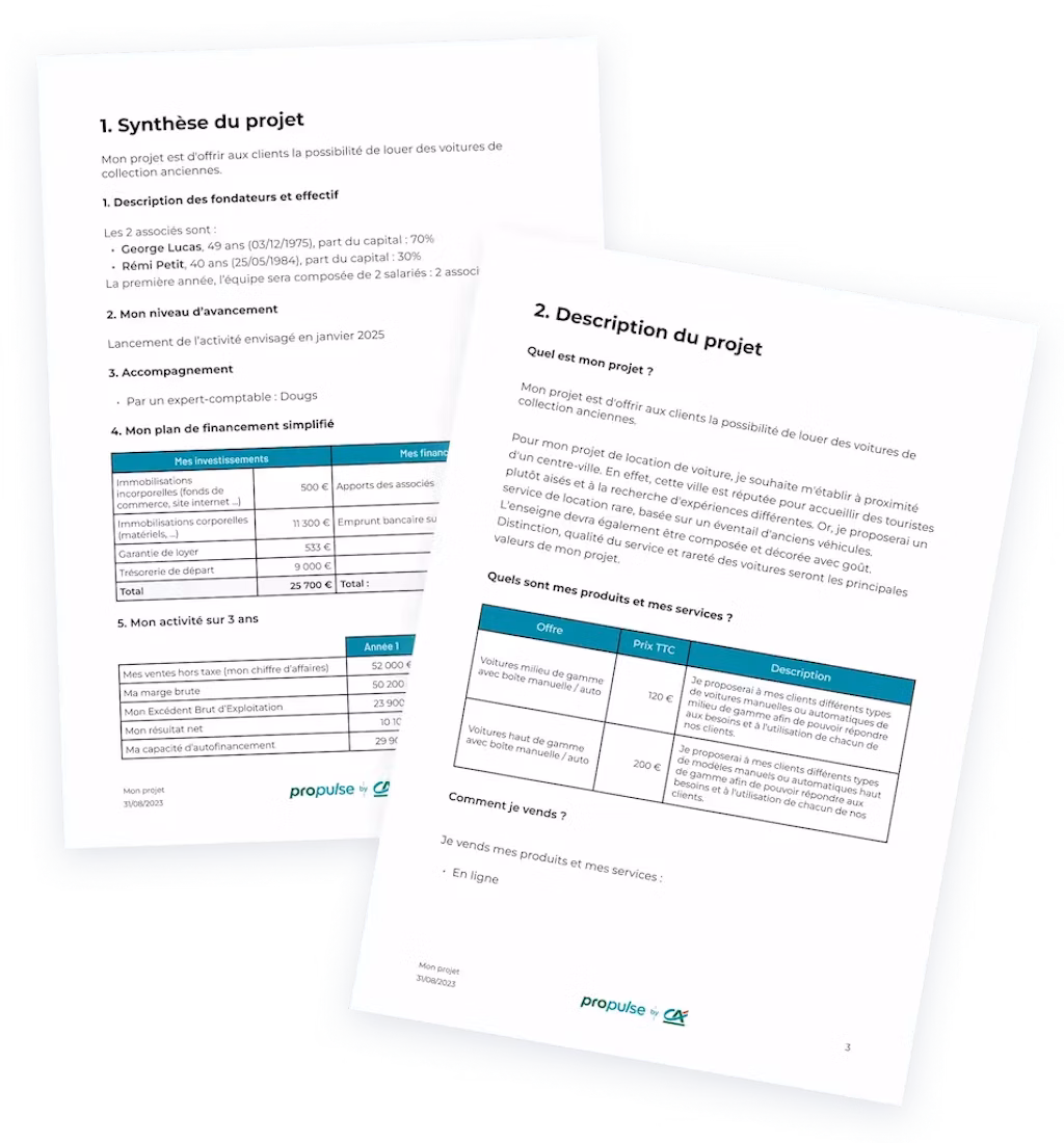 Interface de Business Plan Propulse by CA