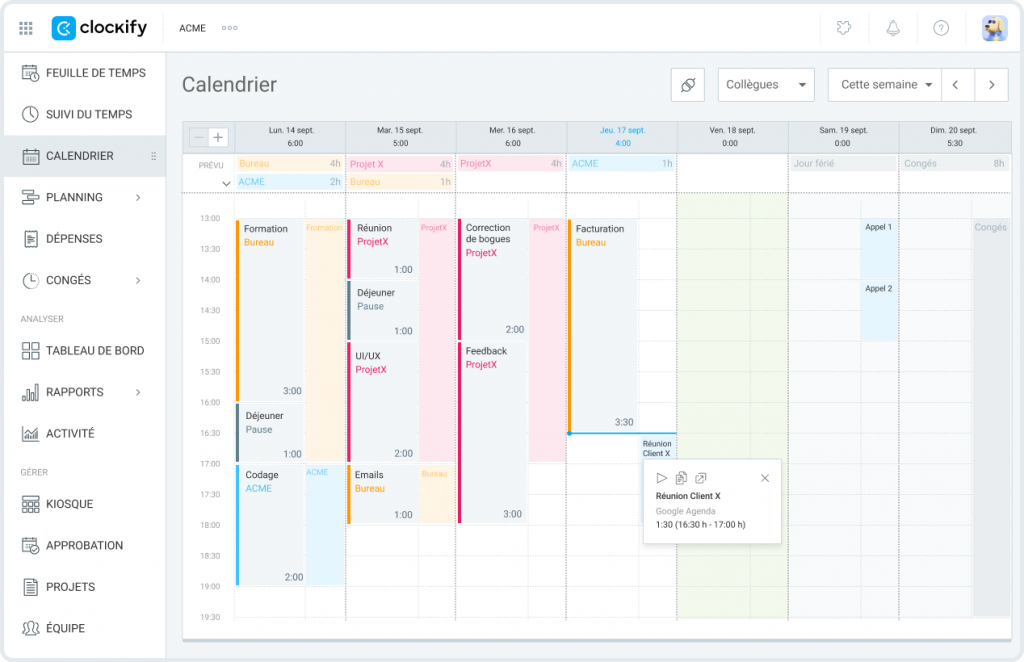 Interface de Clockify